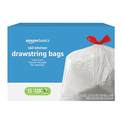 Amazon Basics Flextra Tall Kitchen Drawstring Trash Bags, 13 Gallon, 120-Count